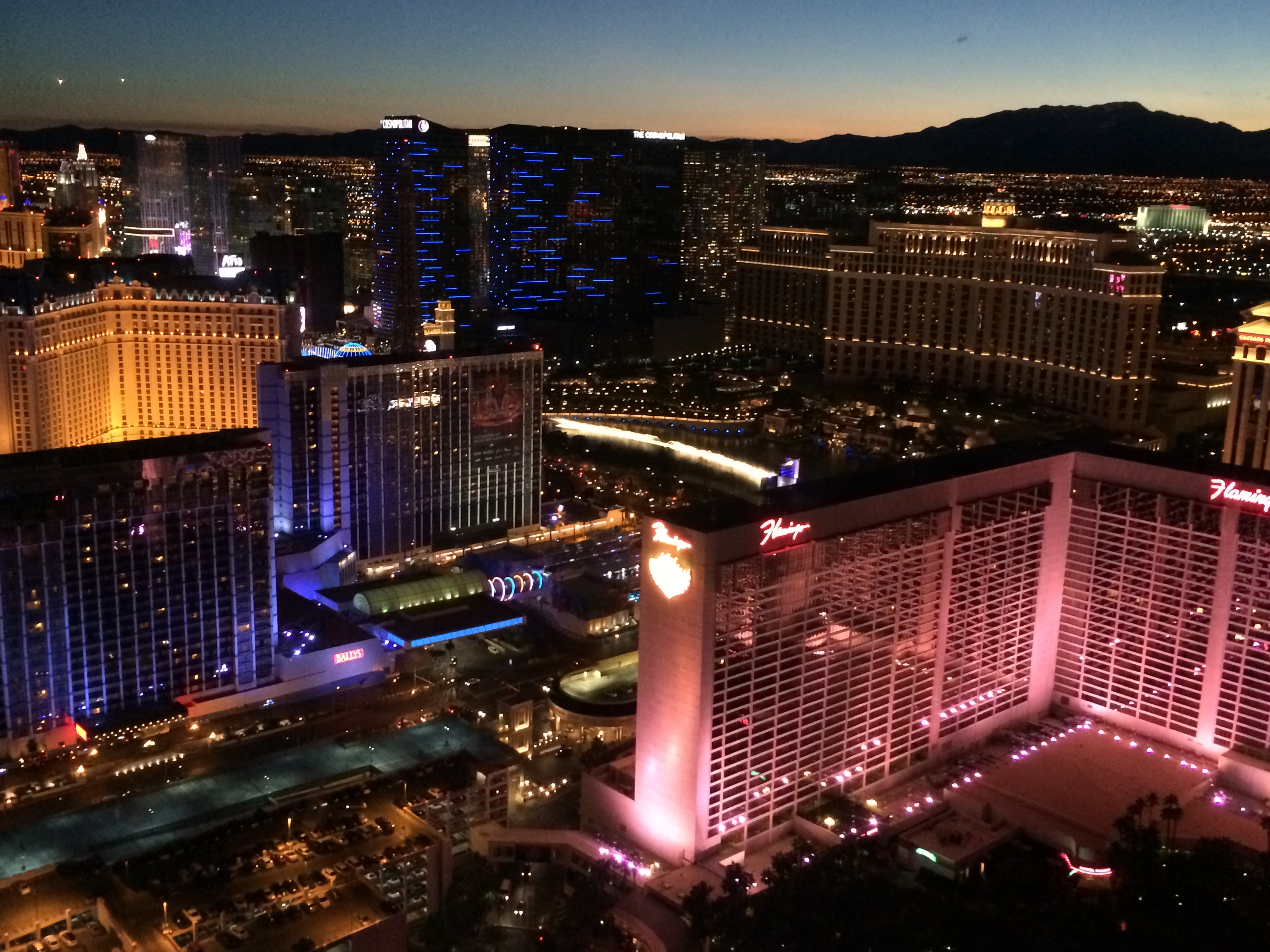 The bright white strip in the middle of the picture is the Bellagio Fountain - perfect timing!