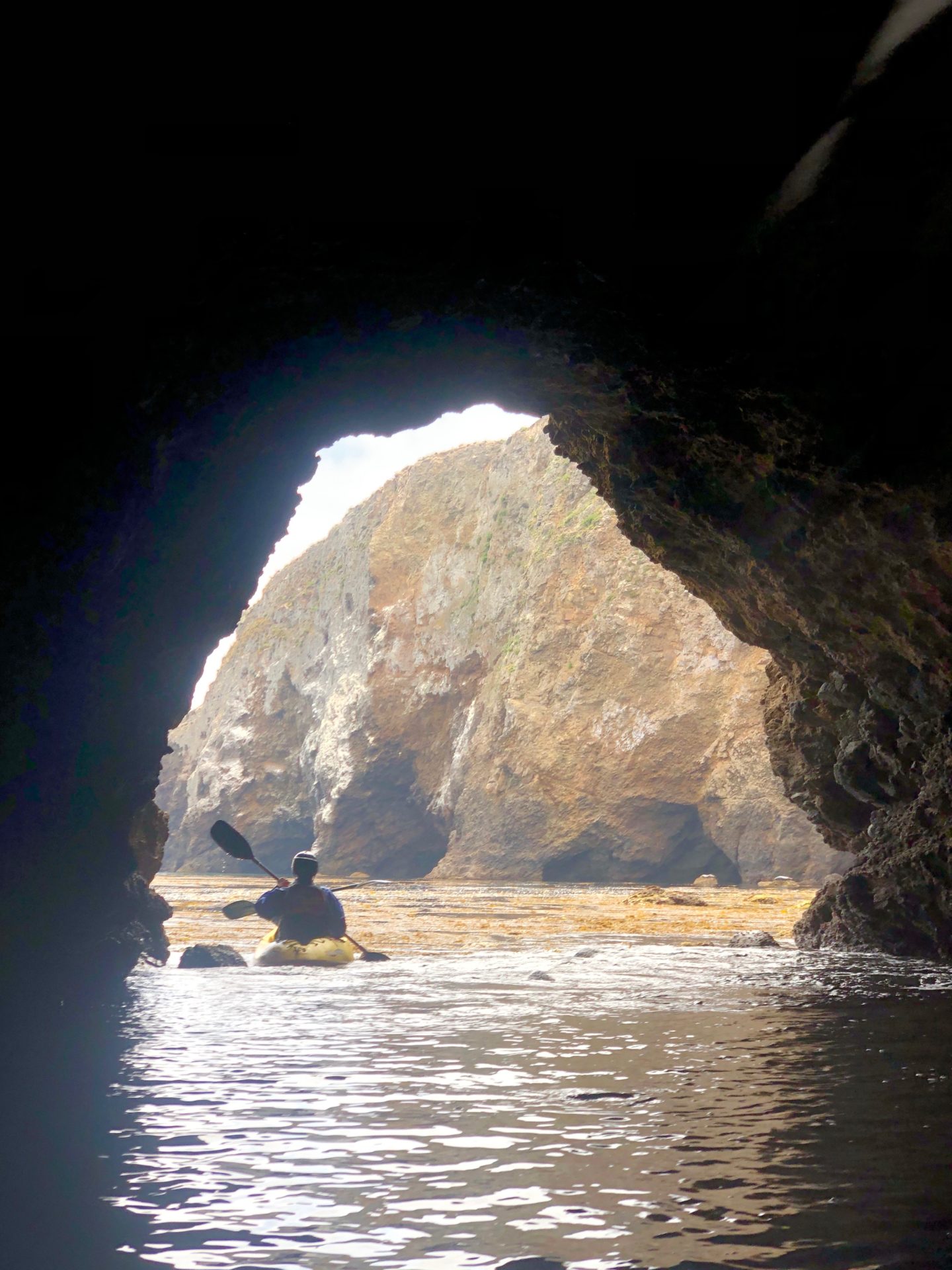 Kayaking through a cave on Santa Cruz Island